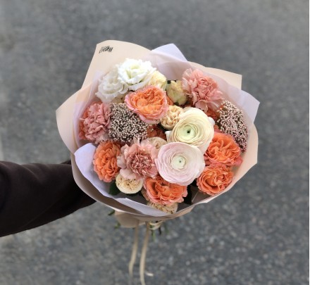 Bouquet of flowers №257 of peony roses,  сarnation, eustoma, ozothamnus, ranunculus